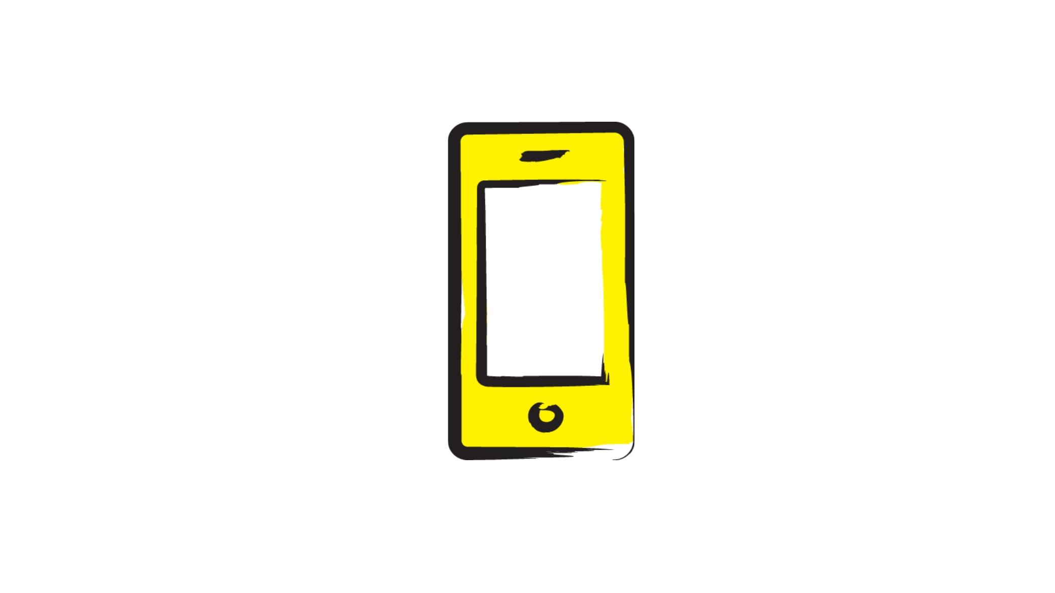 An illustration of a smartphone outlined in a black paintbrush style design with yellow accents.