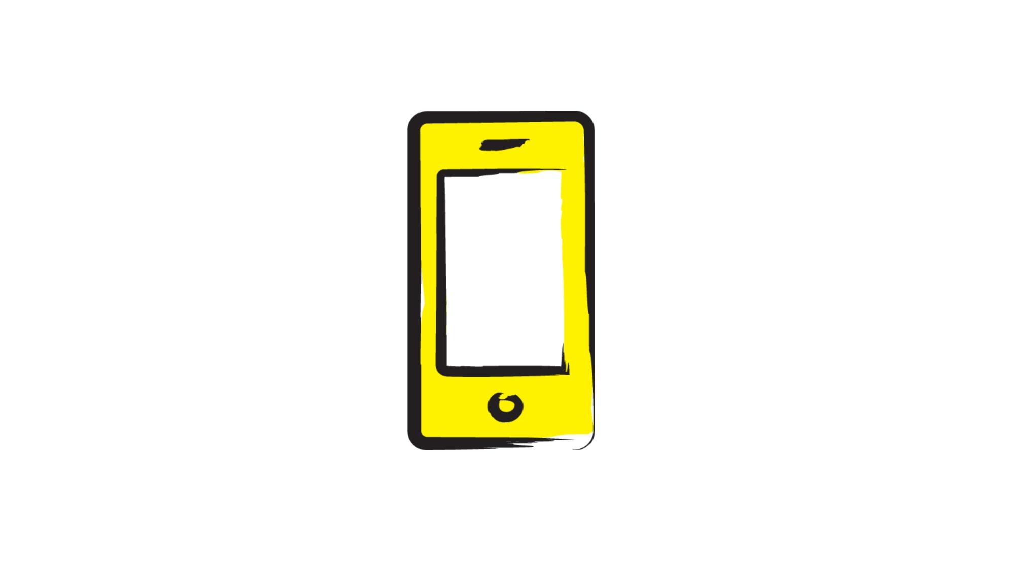An illustration of a smartphone outlined in a black paintbrush style design with yellow accents.