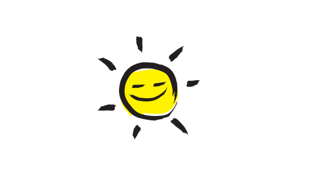 An illustration of a smiling sunshine icon outlined in a black paintbrush style design with yellow accents.