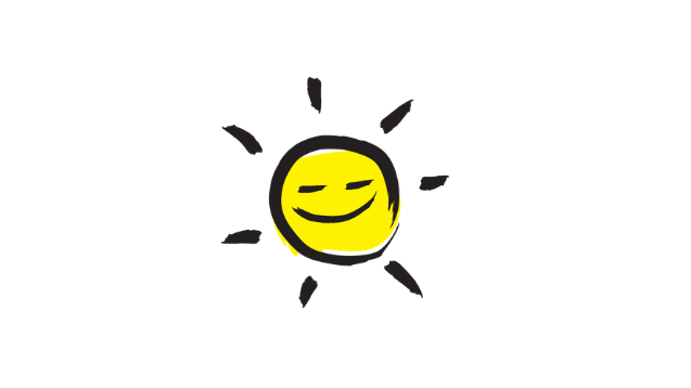 An illustration of a smiling sunshine icon outlined in a black paintbrush style design with yellow accents.