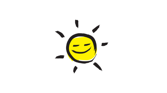 An illustration of a smiling sunshine icon outlined in a black paintbrush style design with yellow accents.