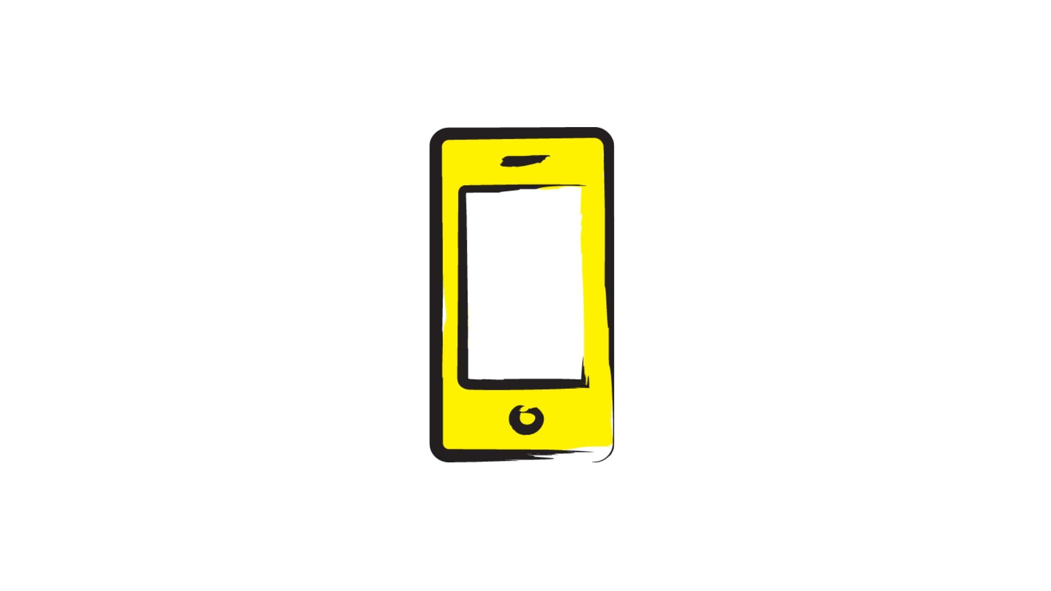 An illustration of a smartphone outlined in a black paintbrush style design with yellow accents.