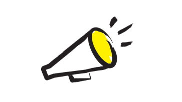 An illustration of a megaphone outlined in a black paintbrush style design with yellow accents.