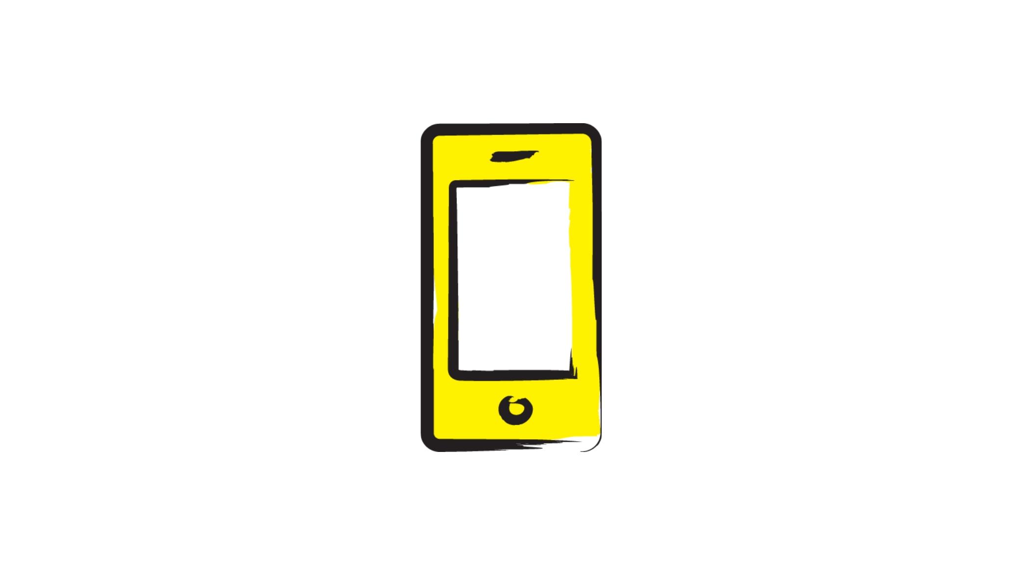 An illustration of a smartphone outlined in a black paintbrush style design with yellow accents.