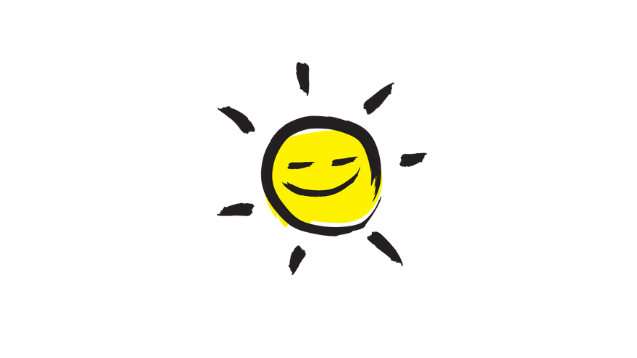 An illustration of a smiling sunshine icon outlined in a black paintbrush style design with yellow accents.