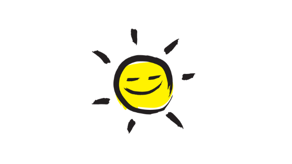 An illustration of a smiling sunshine icon outlined in a black paintbrush style design with yellow accents.