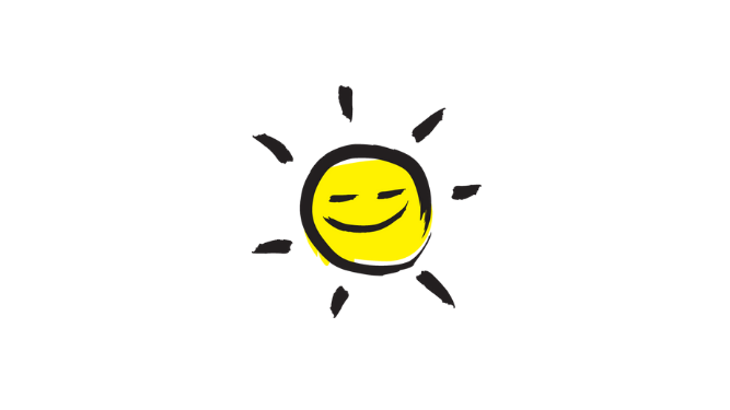 An illustration of a smiling sunshine icon outlined in a black paintbrush style design with yellow accents.