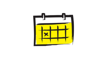 An illustration of a calendar on a white background outlined in a black paintbrush-style design with yellow accents.