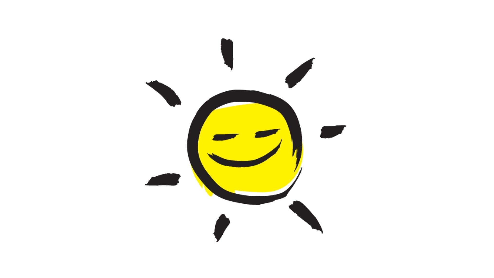 An illustration of a smiling sunshine icon outlined in a black paintbrush style design with yellow accents.