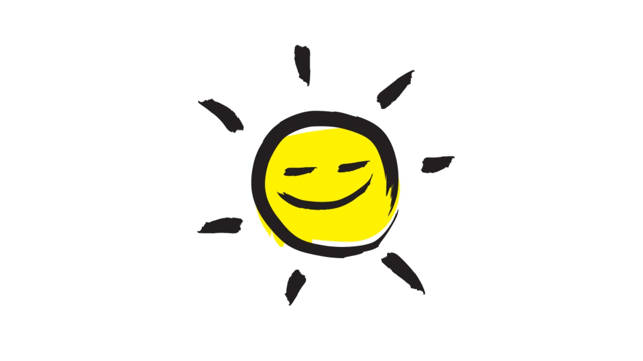 An illustration of a smiling sunshine icon outlined in a black paintbrush style design with yellow accents.