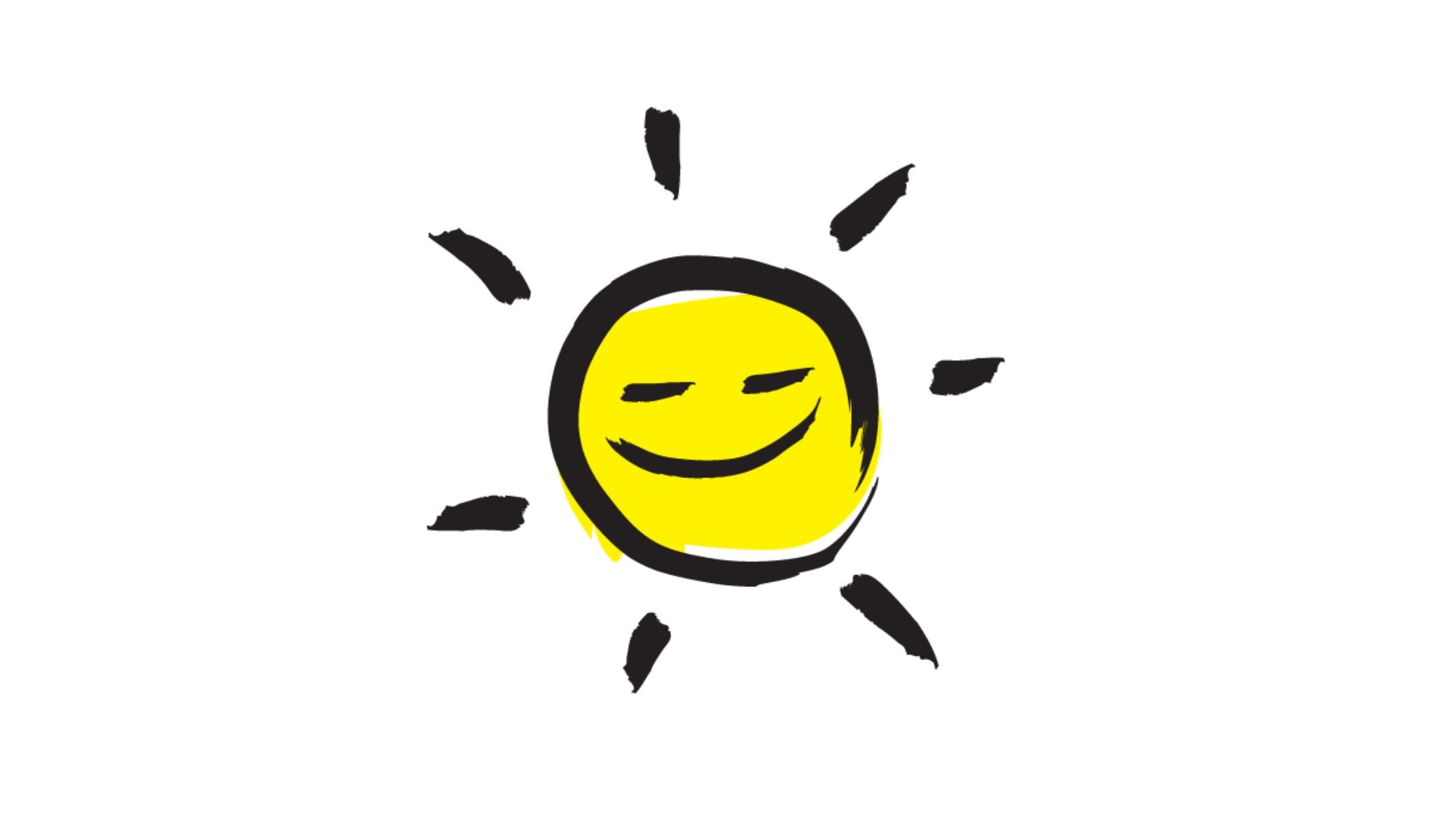 An illustration of a smiling sunshine icon outlined in a black paintbrush style design with yellow accents.
