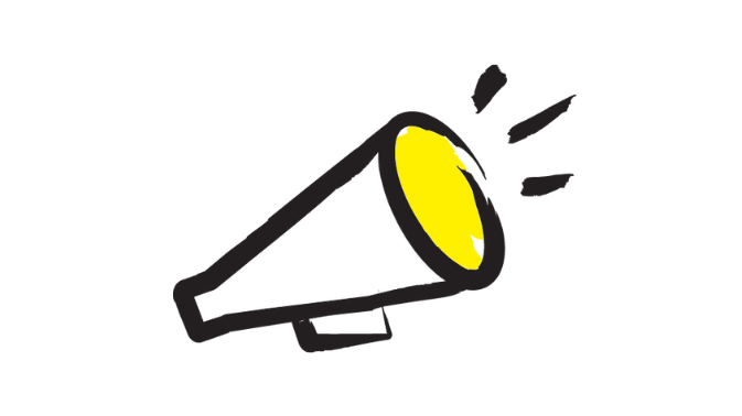 An illustration of a megaphone outlined in a black paintbrush style design with yellow accents.