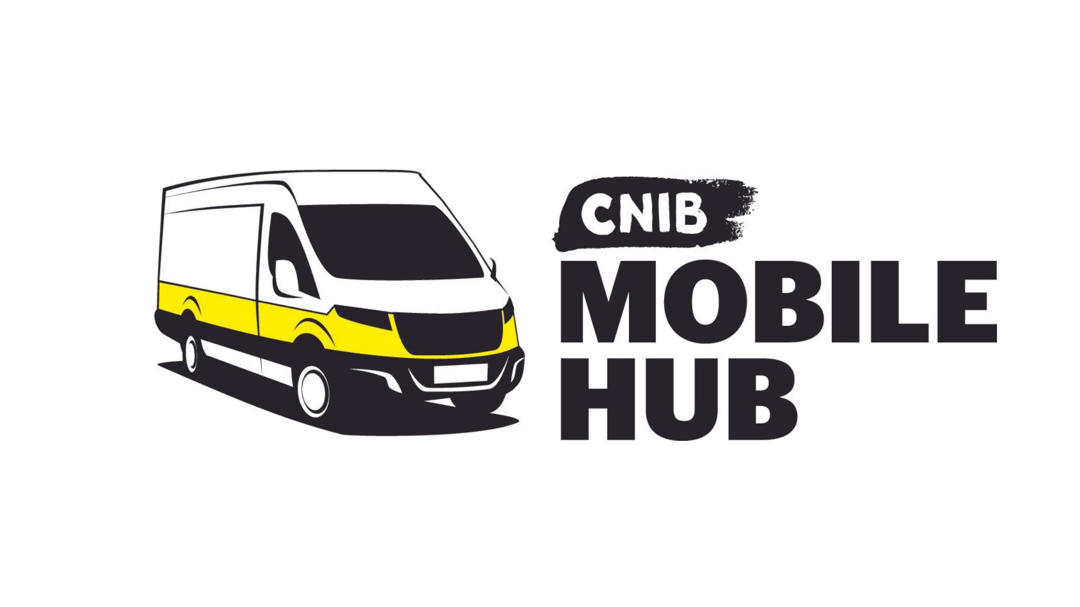 CNIB Mobile Hub logo. A graphic art illustration of a white cargo van outlined with yellow and black accents. Text: CNIB Mobile Hub.