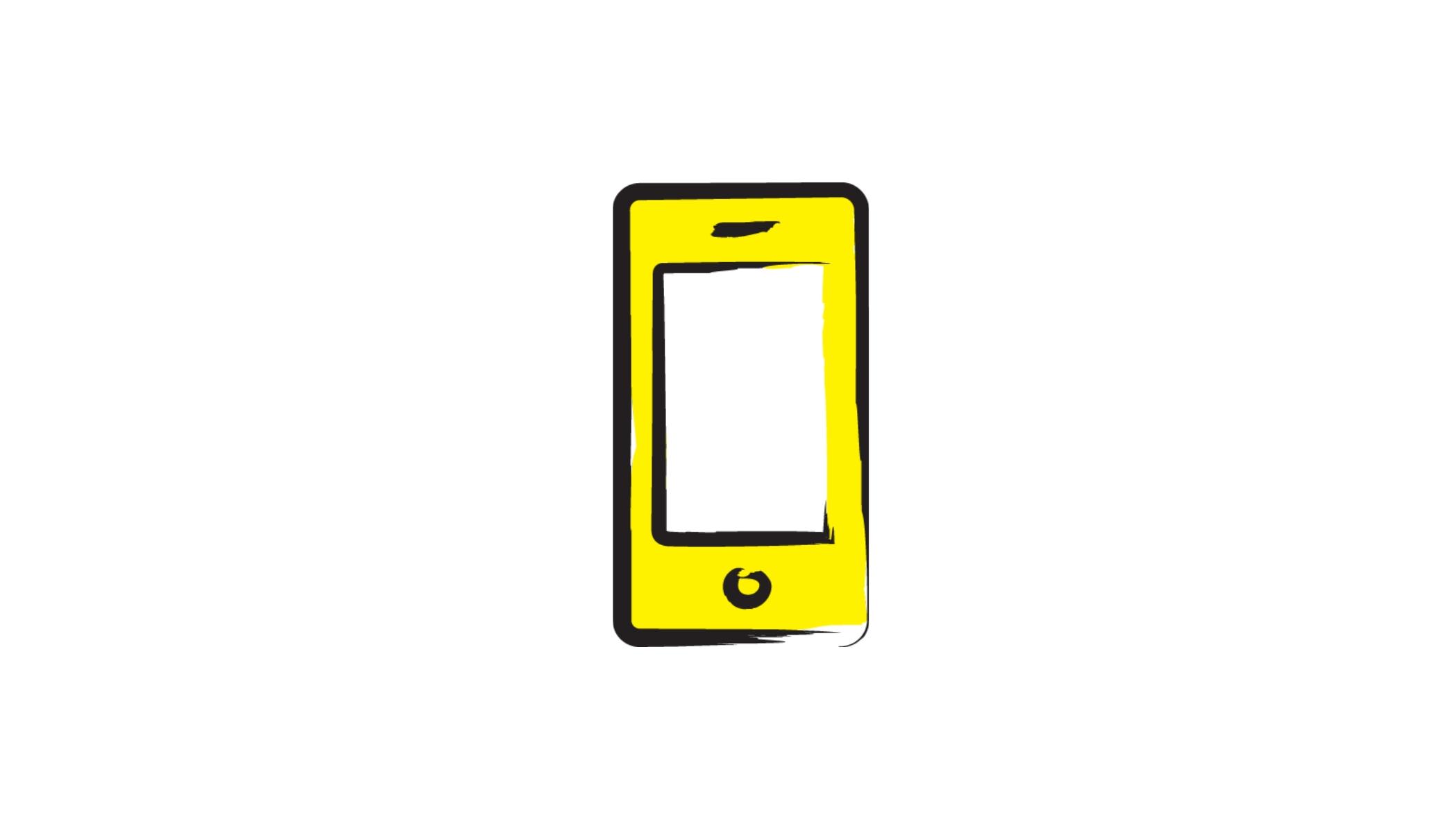 An illustration of a smartphone icon outlined in a black paintbrush style design with yellow accents.