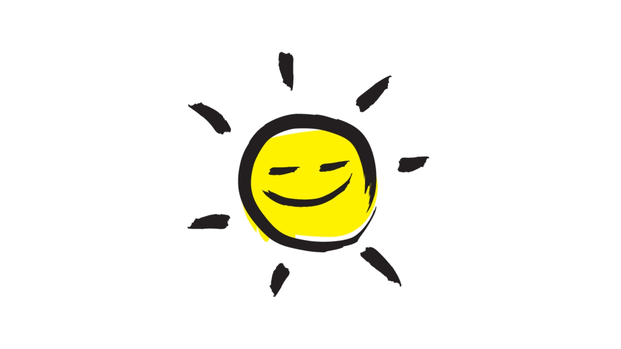 An illustration of a smiling sunshine icon outlined in a black paintbrush style design with yellow accents.