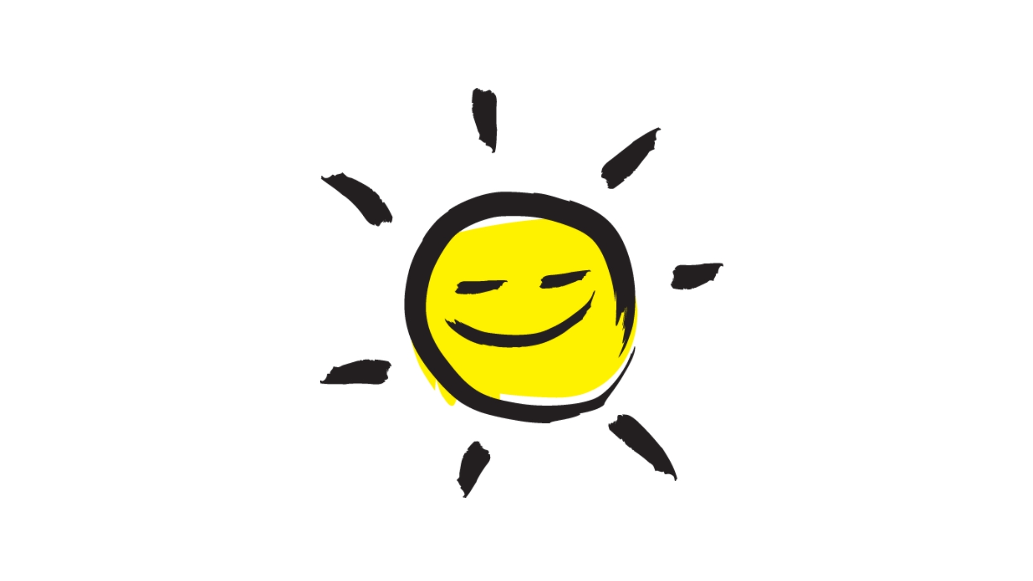 An illustration of a smiling sunshine icon outlined in a black paintbrush style design with yellow accents.
