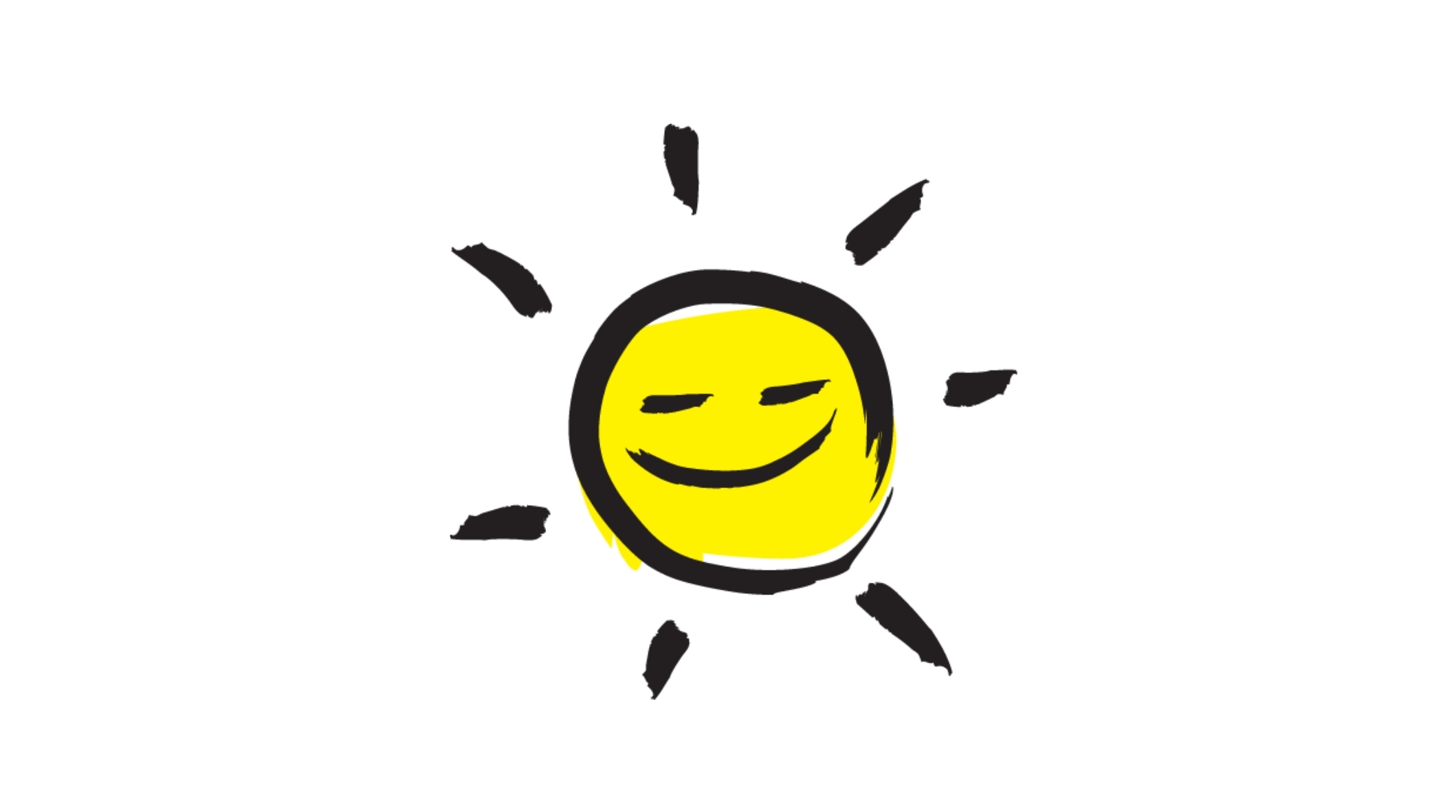 An illustration of a smiling sunshine icon outlined in a black paintbrush style design with yellow accents.