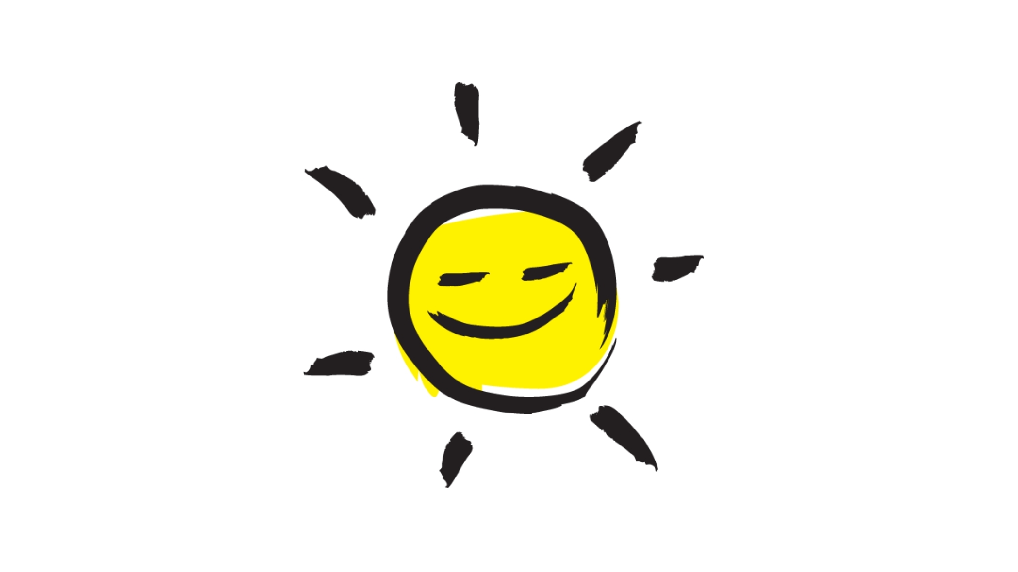 An illustration of a smiling sunshine icon outlined in a black paintbrush style design with yellow accents.