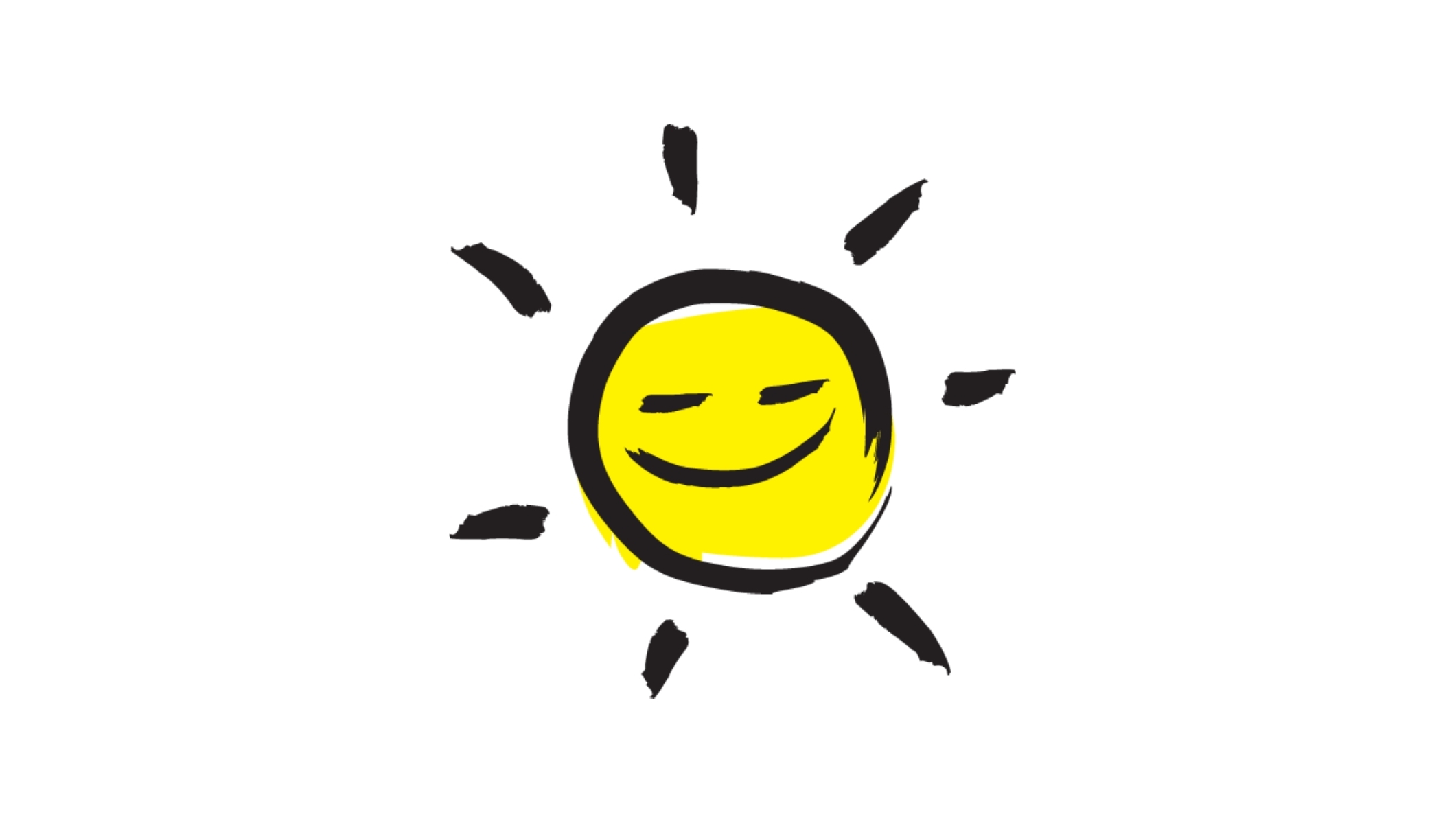 An illustration of a smiling sunshine icon outlined in a black paintbrush style design with yellow accents.