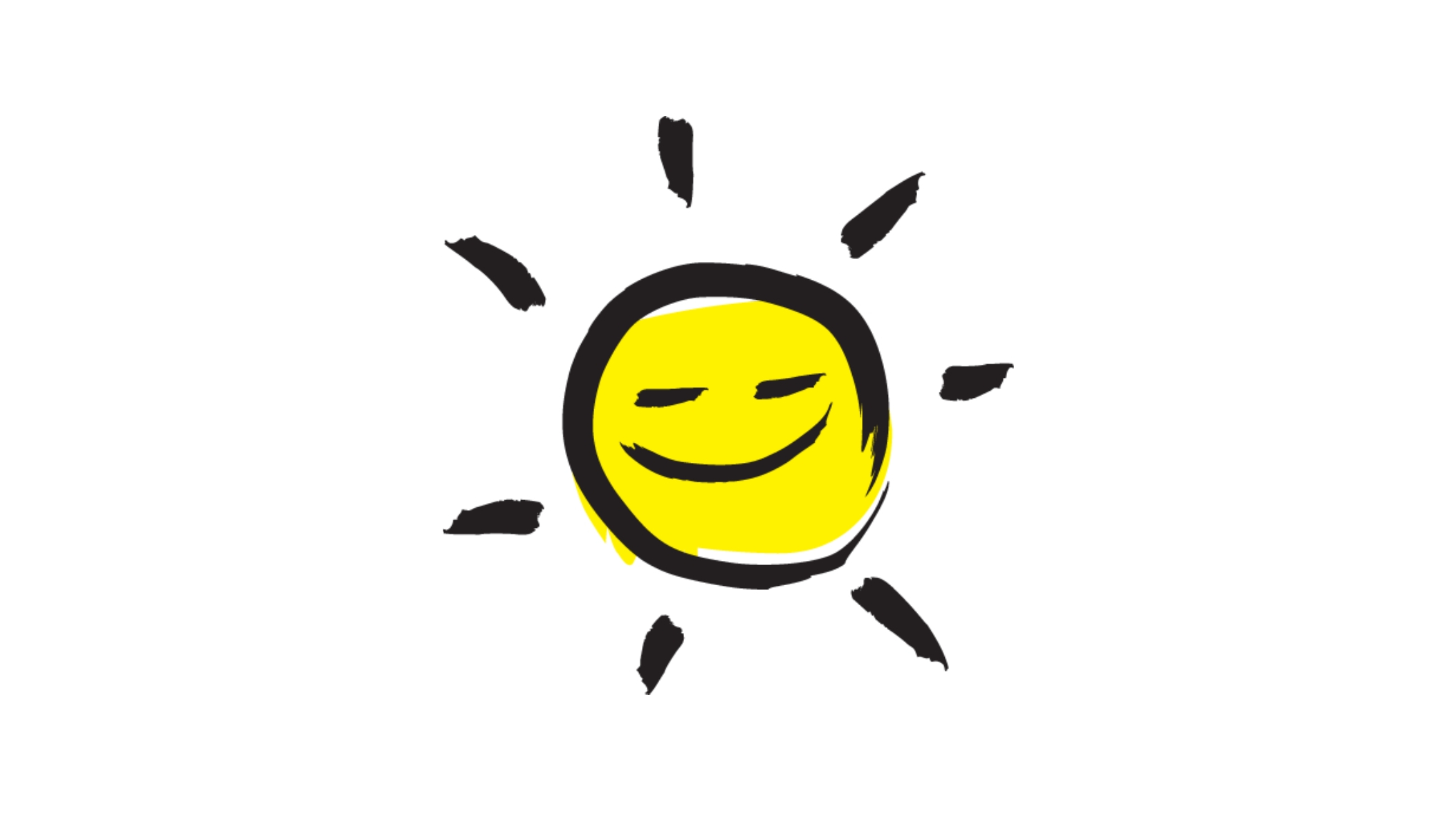 An illustration of a smiling sunshine icon outlined in a black paintbrush style design with yellow accents.