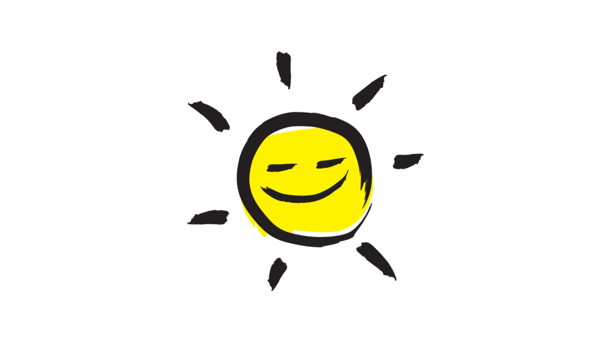 An illustration of a smiling sunshine icon outlined in a black paintbrush style design with yellow accents.