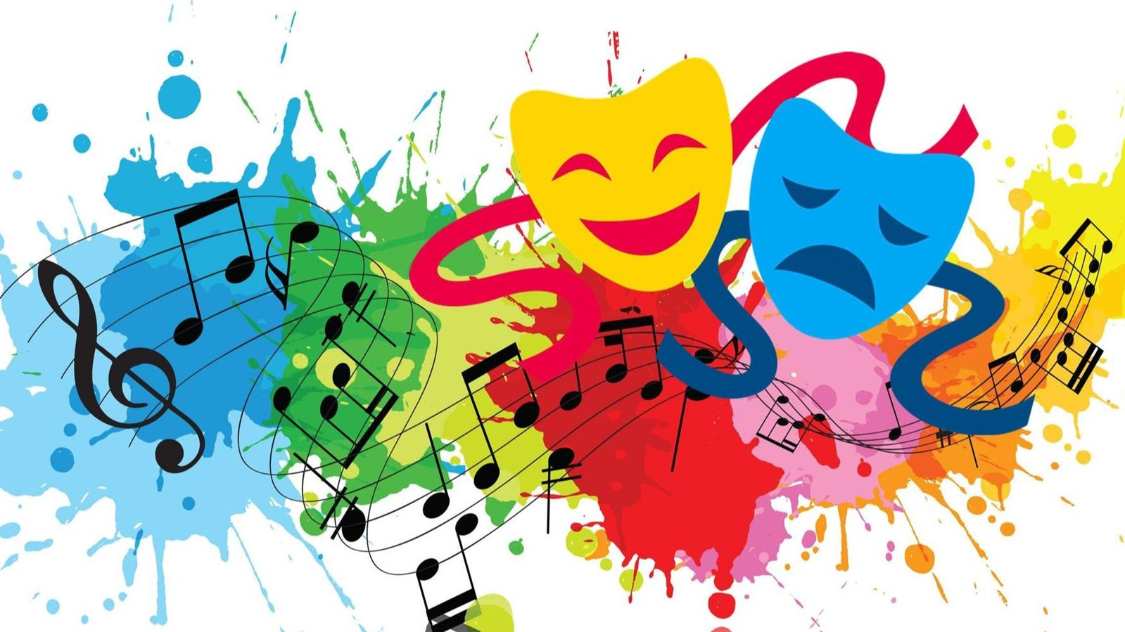 Illustration of musical notes and comedy & tragedy masks on top of splotches of colour in primary colours.