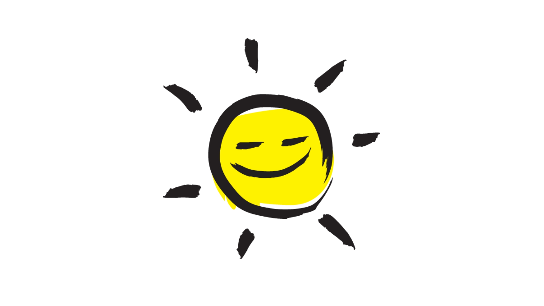 An illustration of a smiling sunshine icon outlined in a black paintbrush style design with yellow accents.