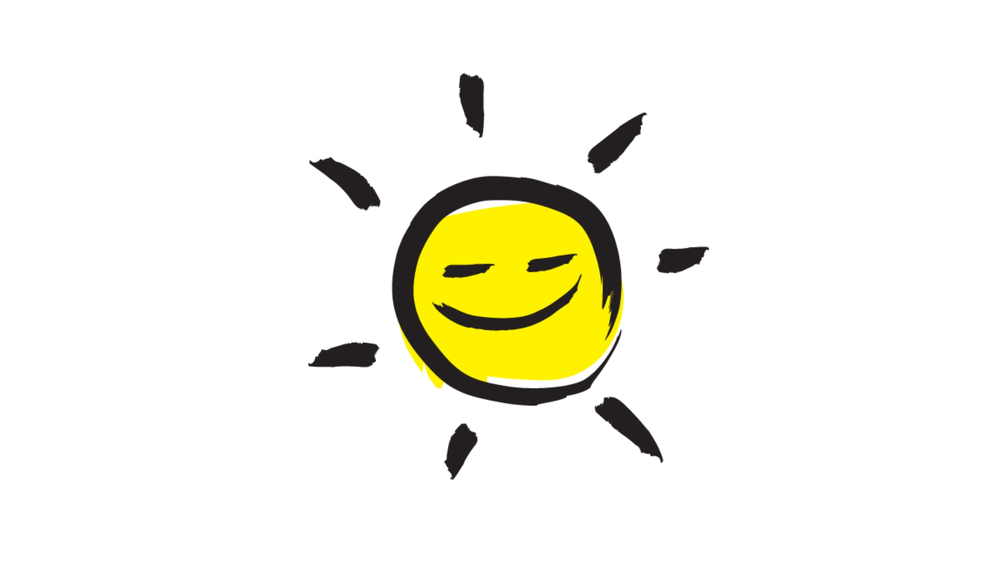 An illustration of a smiling sunshine icon outlined in a black paintbrush style design with yellow accents.
