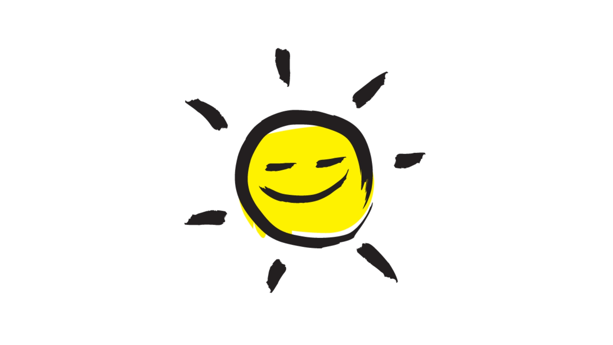 An illustration of a smiling sunshine icon outlined in a black paintbrush style design with yellow accents.