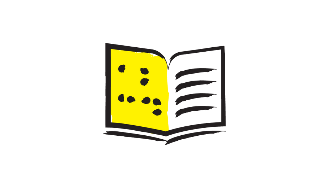 An illustration of a braille book icon outlined in a black paintbrush style design with yellow accents.