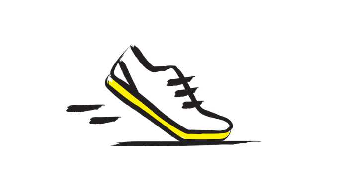 An illustration of a running shoe icon outlined in a black paintbrush style design with yellow accents.