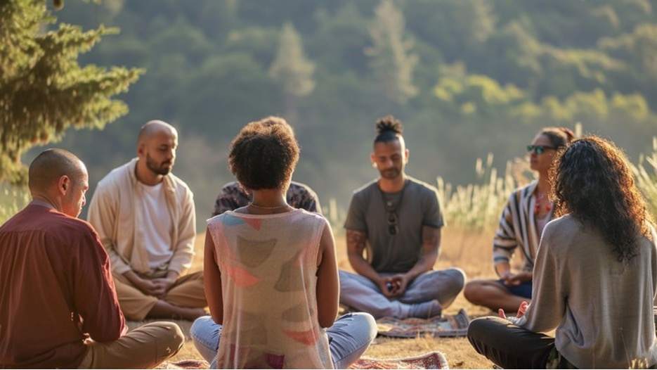 A diverse group of adults sits in a circle outdoors on blankets in a peaceful natural setting. Surrounded by trees and tall grass, the is engaged in a meditation exercise.