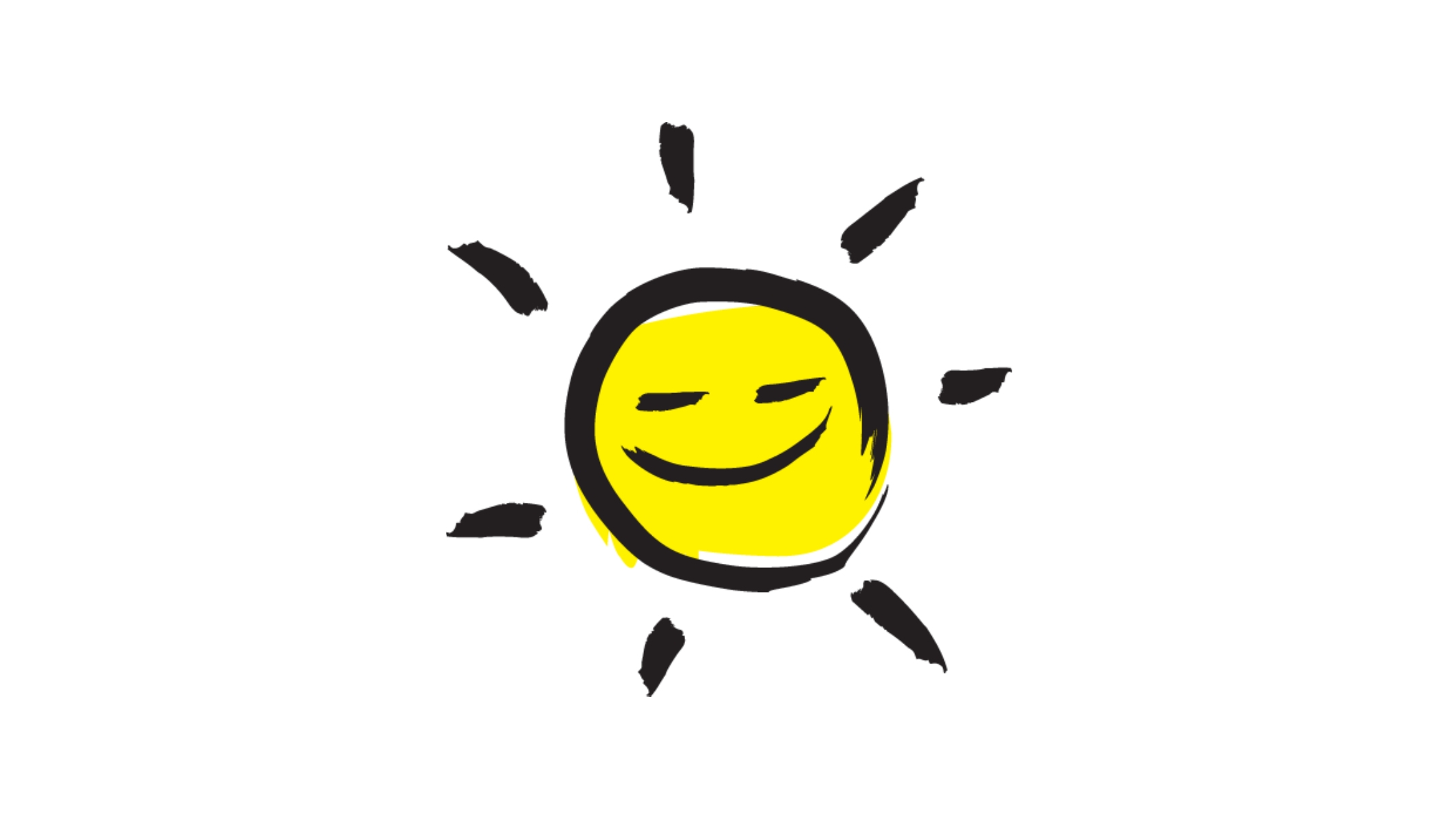 An illustration of a smiling sunshine icon outlined in a black paintbrush style design with yellow accents.