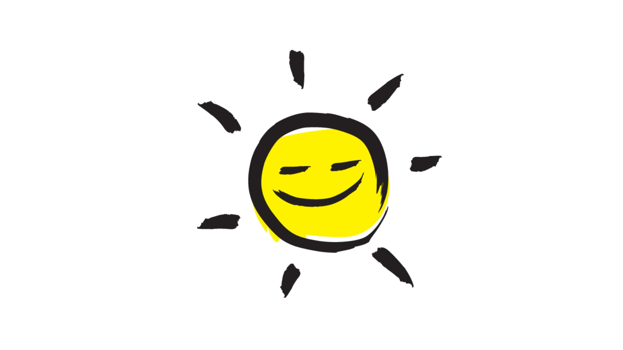 An illustration of a smiling sunshine icon outlined in a black paintbrush style design with yellow accents.