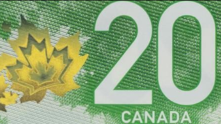 Two photographs of the front and back of the Vertical $20 bank note, focused on the top corners of each. The photos show the large, high contrast numbers.