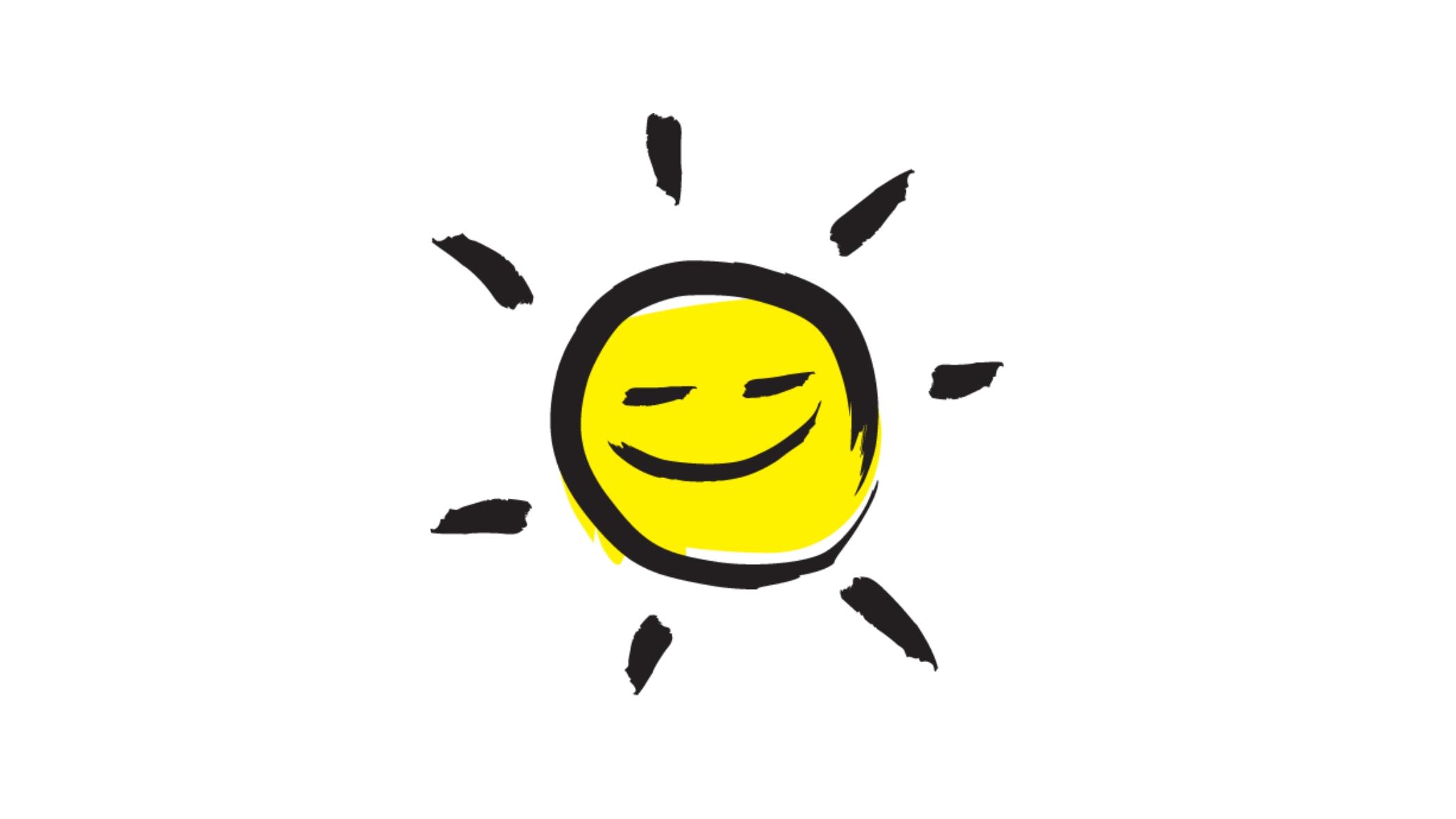 An illustration of a smiling sunshine icon outlined in a black paintbrush style design with yellow accents.