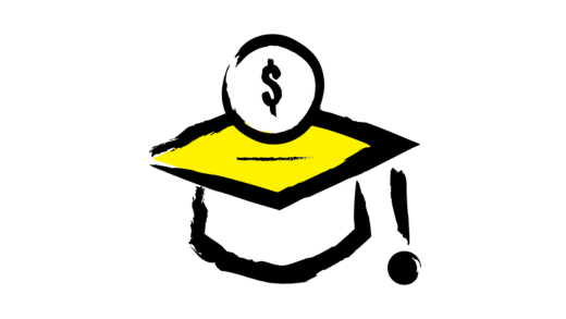 An illustration of a graduation cap with a dollar sign floating above the cap. The cap icon is outlined in a black paintbrush style design with yellow accents. 
