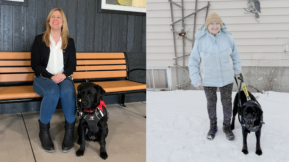 A collage of two photographs featuring two graduating partnerships. Left: Larissa sits on a bench while her black guide dog, Tulip, sits at her feet in harness. Right: Barb stands in a snowy backyard with her black guide dog, Beacon, in harness at her side.