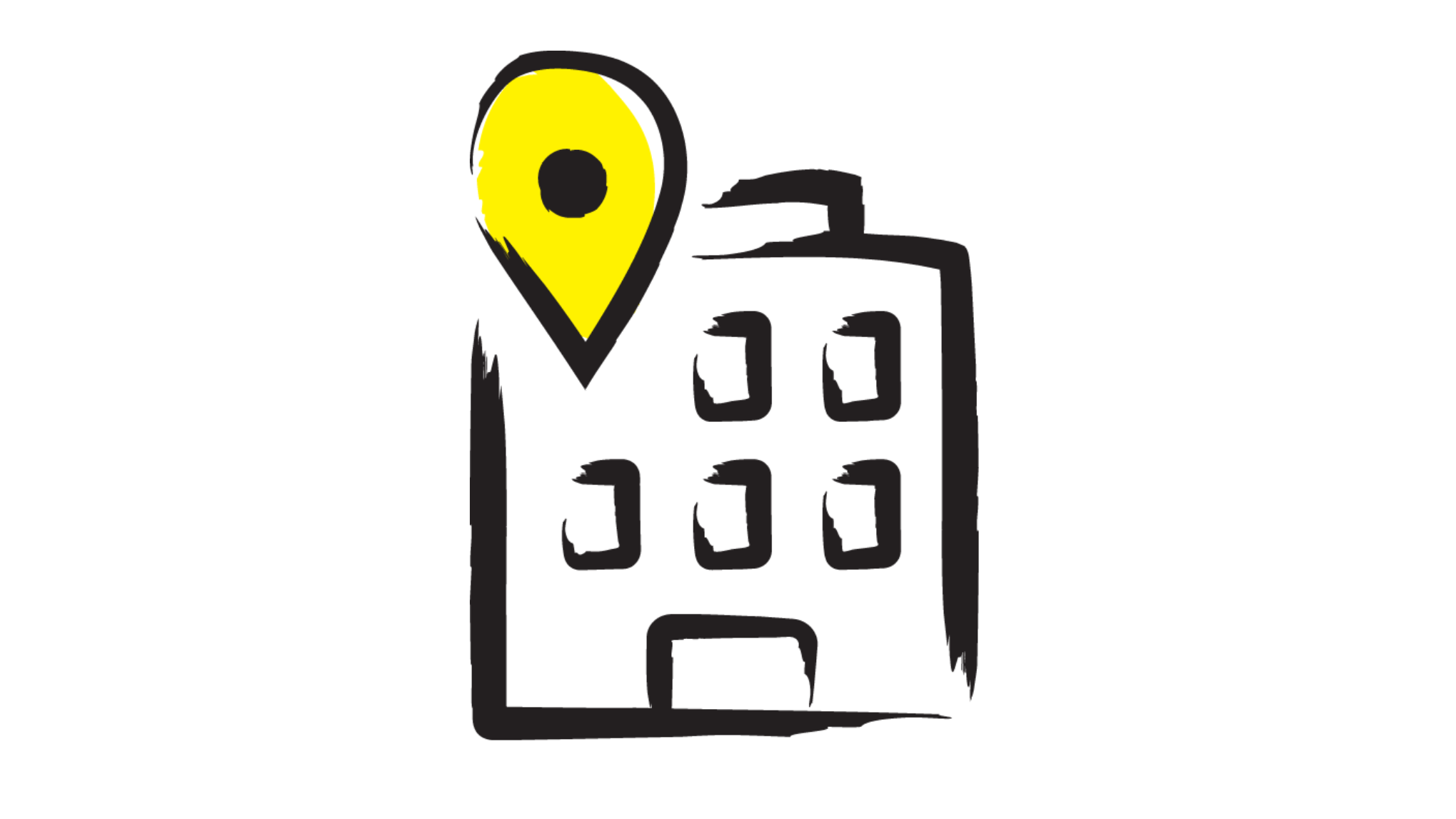 An illustration of a building with a yellow location drop pin on the top left-hand corner of the design.