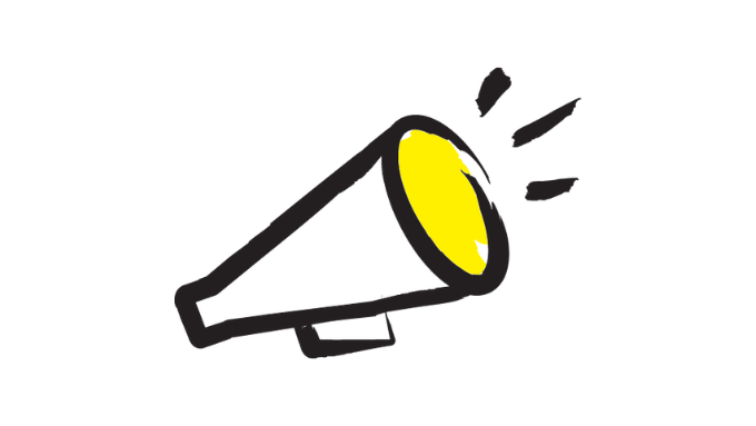 An illustration of a megaphone outlined in a black paintbrush style design with white and black accents.