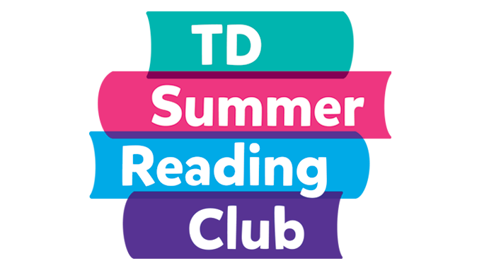 TD Summer Reading club logo. A graphic design illustration that resembles a stack of four colourful books. Text: TD Summer Reading Club
