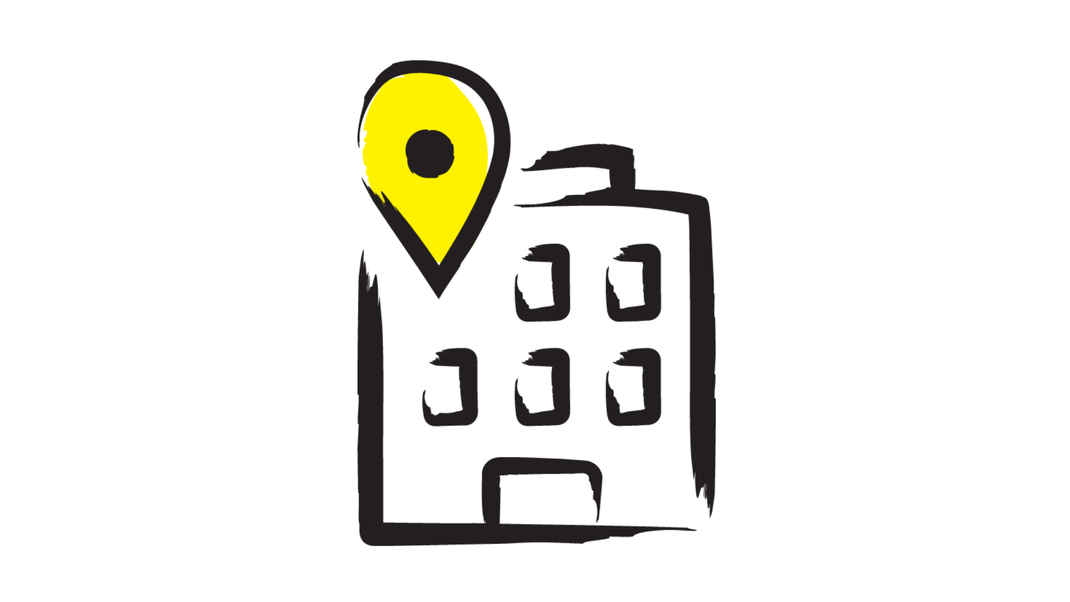 An illustration of a building with a yellow location drop pin on the top left-hand corner of the design.