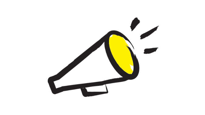 An illustration of a megaphone outlined in a black paintbrush style design with yellow accents.