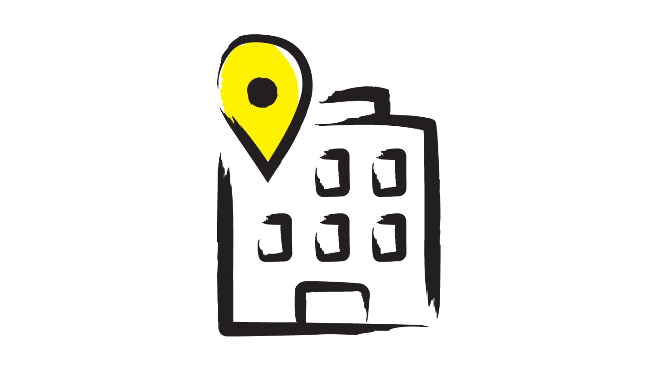An illustration of a building with a yellow location drop pin on the top left-hand corner of the design.
