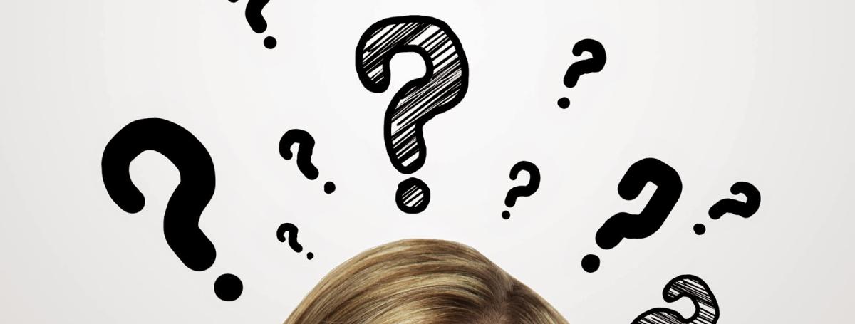 Photo of the top part of a woman's face with an illustration of question marks floating above her head.