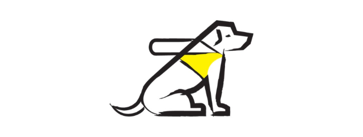 An illustration of a guide dog icon outlined in a black paintbrush style design with yellow accents.