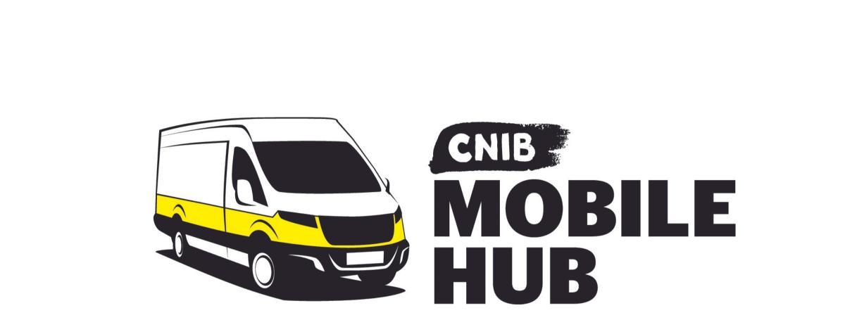 CNIB Mobile Hub logo. A graphic art illustration of a white cargo van outlined with yellow and black accents. Text: CNIB Mobile Hub.