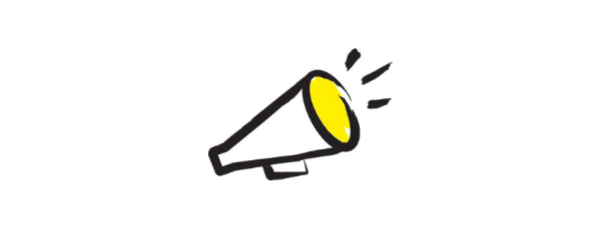 An illustration of a megaphone outlined in a black paintbrush style design with yellow accents.