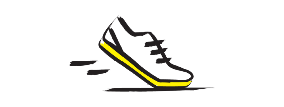An illustration of a running shoe outlined in a black paintbrush style design. A dash of yellow paint appears on the sole of the shoe.