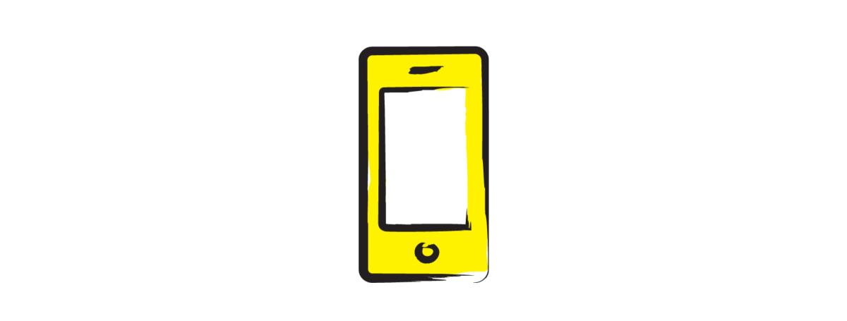 An illustration of a smartphone outlined in a black paintbrush style design with yellow accents.